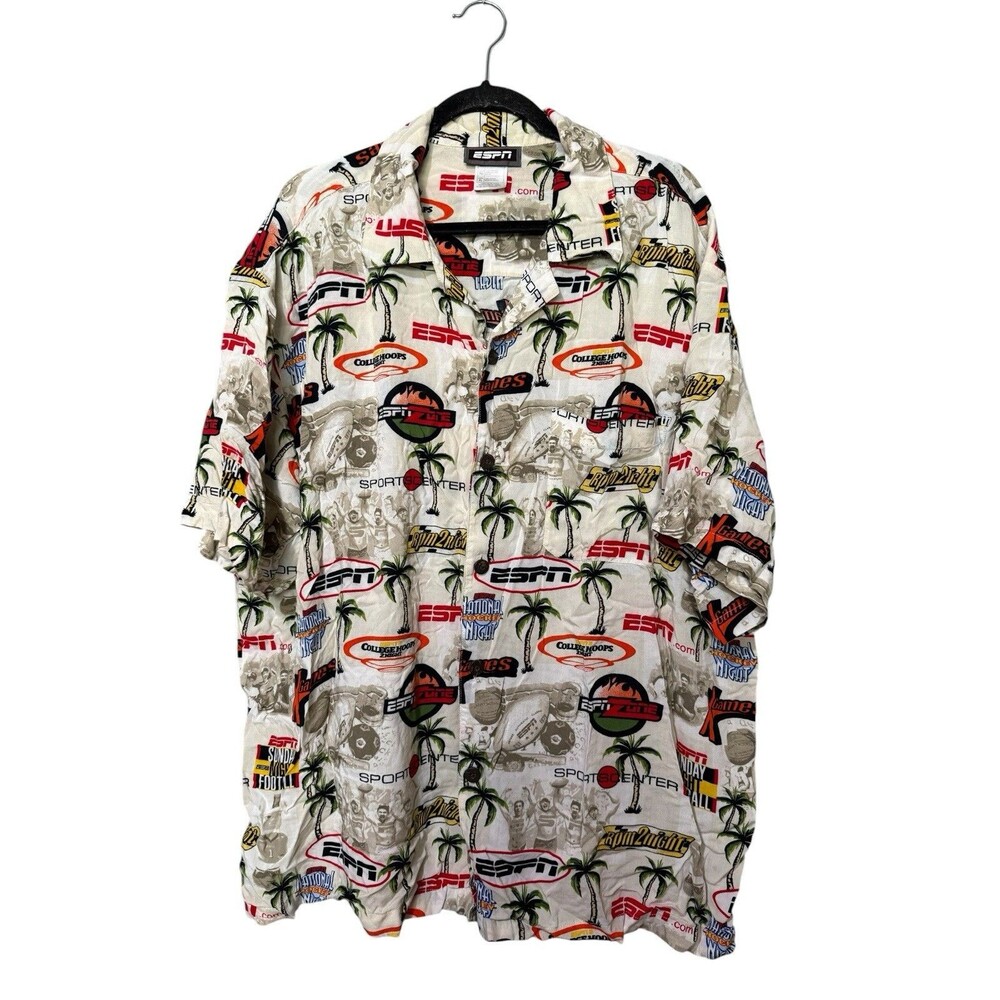 ESPN Hawaiian Camp Shirt XL Rayon Button Front Sports Center Palm Trees Y2K
